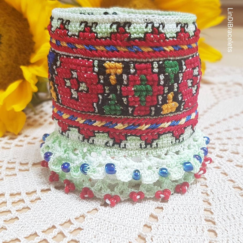 Crochet Bracelet with Embroidery And Beads Unique Bracelet Crochet Jewelry Handmade Cuff Bracelet Boho Chic Bohemian Renaissance afbeelding 6