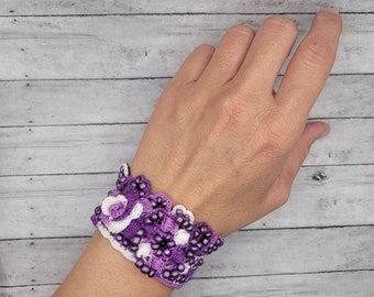Handmade Crochet Cuff Bracelet: Purple Flower & Beads