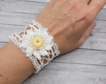 Lase Cuff Bracelet with White Sunflower Accent Flower! Handmade Crochet Jewelry! Perfect Gift For Her! Sparkle Lace Delicate And Fun To Wear