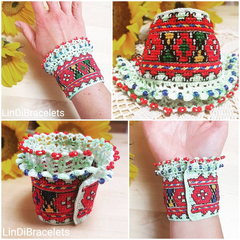 Crochet Bracelet with Embroidery And Beads Unique Bracelet image 2