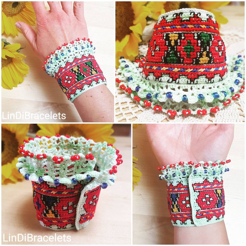 Crochet Bracelet with Embroidery And Beads Unique Bracelet Crochet Jewelry Handmade Cuff Bracelet Boho Chic Bohemian Renaissance afbeelding 3