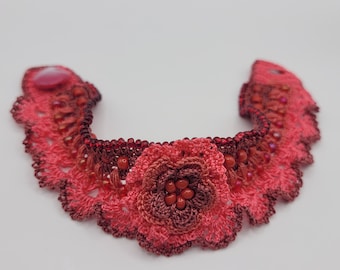 Handmade Crochet Flower Bracelet: Beaded Cotton Lace Jewelry