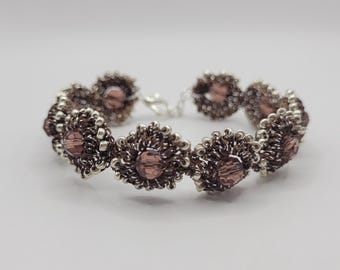 Handmade Crochet Bracelet: Brown Chain of Circles with Silver Beads