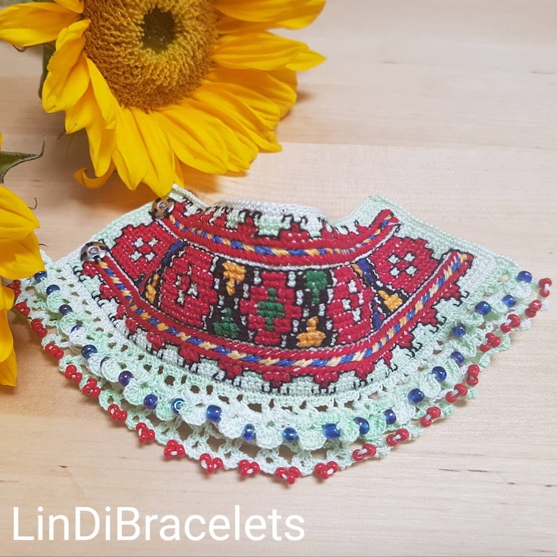 Crochet Bracelet with Embroidery And Beads Unique Bracelet Crochet Jewelry Handmade Cuff Bracelet Boho Chic Bohemian Renaissance afbeelding 1