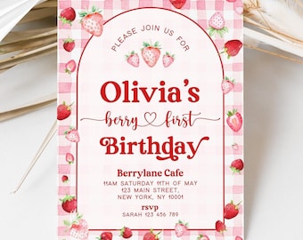 May include: A pink and white gingham patterned invitation with red strawberries and the text "PLEASE JOIN US FOR Olivia's berry first Birthday Berrylane Cafe MAM SATURDAY 11TH OF MAY 123 MAIN STREET, NEW YORK, NY 10001 rsvp SARAH 123 456 789"
