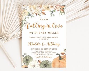 Falling in Love Baby Shower Invitation, Falling in Love with Baby Invitation, Fall Baby Shower Invite, Pumpkin Baby Shower Invite, Template
