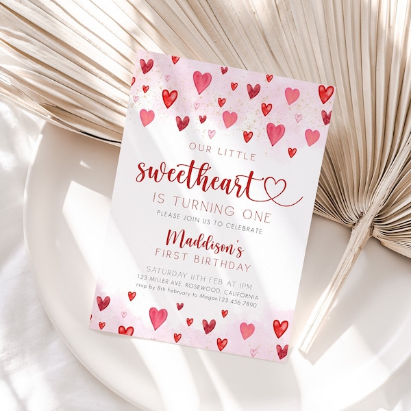 Sweetheart Birthday Invitation, Valentine 1st Birthday Invite, Heart Birthday Invitation, Hearts 1st Birthday Invitation, Editable Template