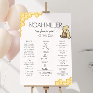 Decorazioni classiche per il compleanno di Winnie the Pooh, cartello per il primo compleanno di Little Hunny, decorazioni per il compleanno, bacheca per le pietre miliari, modello modificabile