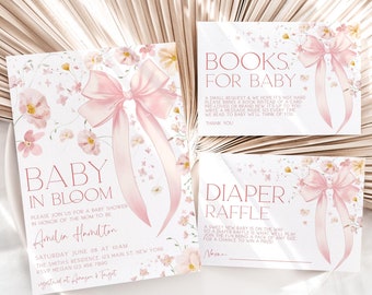 Pink Bow Baby In Bloom Baby Shower Invitation, Pink Bow Baby Shower Decor, Baby in Bloom, Girl Baby Shower, Floral Bow Baby Shower, Template