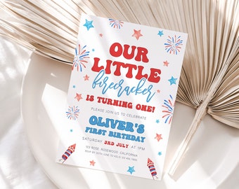 Little Firecracker 1st Birthday Invitation, 4th of July Birthday Invite, 4th of July 1st Birthday Invitation, Patriotic Birthday Invitation
