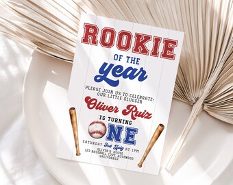 Rookie of the Year 1st Birthday Invitation, Baseball 1st Birthday Invite, Baseball Birthday Invitation, Little Slugger, Baseball, Template
