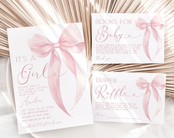 May include: A set of three baby shower cards featuring pink watercolour bows. The cards are for a baby shower, a diaper raffle, and a book request. The text on the cards reads "It's a Girl", "Diaper Raffle", and "Books for Baby".