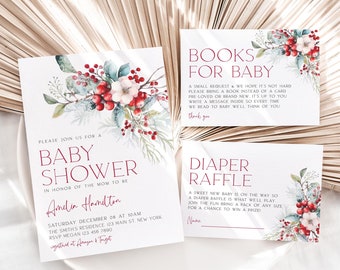 May include: A set of three cards for a baby shower with a winter theme. The cards are white with red and green watercolor floral designs. The text on the cards reads "Please join us for a baby shower in honor of the mom to be", "Books for Baby", and "Diaper Raffle".