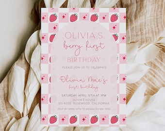 Berry First Birthday Invitation, Strawberry 1st Birthday Invite, Summer Birthday Invitation, Berry Birthday Invite, Retro, Editable Template
