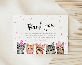 Cat Birthday Thank You Card, Kitten Thank You Card, Kitty Birthday Thank you Card, Editable Template