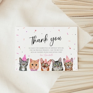 Carte de remerciement d’anniversaire de chat, carte de remerciement de chaton, carte de remerciement d’anniversaire de chaton, modèle modifiable