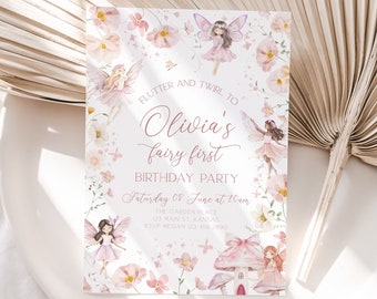 Fairy First Birthday Invitation, Fairy 1st Birthday Invite, Enchanted Garden Birthday Invitation, Whimsical 1st Birthday, Girl, Template