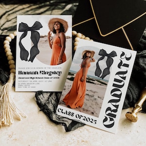 Black Bow Graduation Party Invitation, Graduation Invitation, Graduation Announcement, Graduation invitation, With Photo, Canva Template