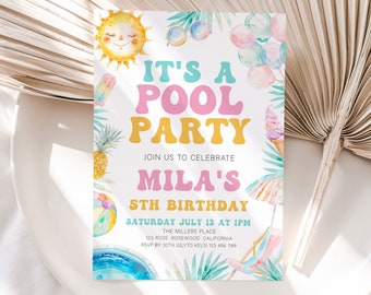 Pool Party Invitation, Pool Birthday Invitation, Pool Birthday Party Invitation, Summer Party Invitation, Invite, Girl, Editable Template
