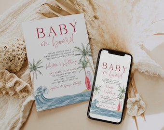 Pink Baby on Board Baby Shower Invitation, Summer Baby Shower Invite, Surf Baby Shower Invitation Girl, Beach Baby Shower, Editable Template