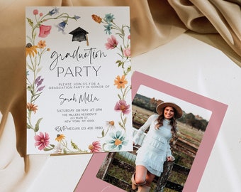 Wildflower Graduation Invitation, Wildflower Graduation Announcement, Graduation Invitation Template, Girl Graduation invitation, With Photo