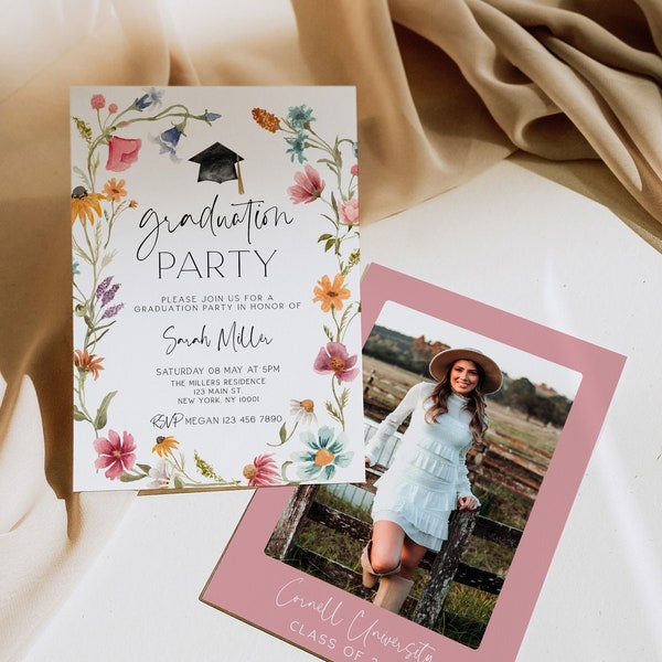 Wildflower Graduation Invitation, Wildflower Graduation Announcement, Graduation Invitation Template, Girl Graduation invitation, With Photo