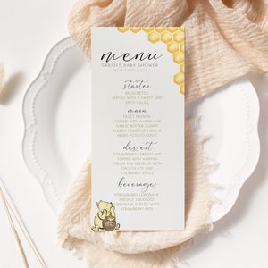 Klasyczne menu na baby shower Kubusia Puchatka, Klasyczne menu na baby shower Kubusia Puchatka, Karta menu na baby shower, Szablon edytowalny