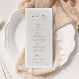 Neutralne menu na baby shower, neutralna pod względem płci karta menu na baby shower, karta menu na baby shower boho, edytowalny szablon