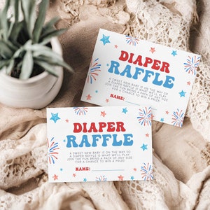 Boom Boom Baby Shower Windel Raffle Karte, 4. Juli Windel Raffle Card, Rot Weiß und Due Baby Shower Windel Card, Bearbeitbare Vorlage