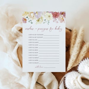Wensen voor babykaart, baby in bloei wensen kaart, gebeden voor babykaart, Wildflower baby shower spel, bewerkbare sjabloon