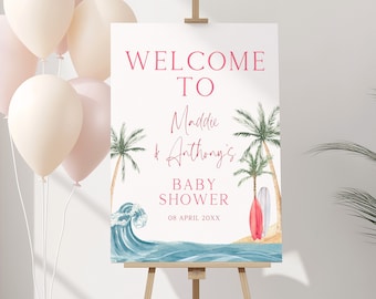 Pink Baby on Board Baby Shower Invitation Set, Summer Baby Shower Invite, Surf Baby Shower Invitation Girl, Beach Baby Shower, Template