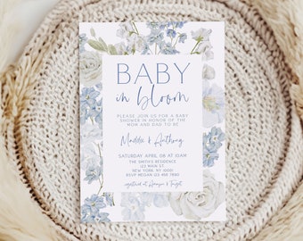 Blue Baby in Bloom Baby Shower Invitation, Boy Baby in Bloom Baby Shower Invitation, Wildflower Flower Baby Shower, Spring, Template