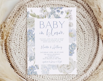 Blue Baby in Bloom Baby Shower Invitation, Boy Baby in Bloom Baby Shower Invitation, Wildflower Flower Baby Shower, Spring, Template