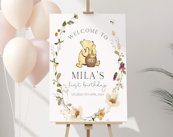 Klassieke Winnie de Pooh verjaardag welkomstbord, Winnie de Pooh verjaardagsversieringen, Pooh verjaardagsfeestje decor, bewerkbare sjabloon 18 x 24