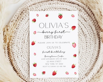 Faire-part premier anniversaire baies, 1er anniversaire d'invitation fraise, invitation d'anniversaire d'été, invitation d'anniversaire de baies, modèle modifiable de printemps