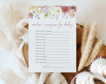 Tarjeta de deseos para el bebé, tarjeta de deseos del bebé en flor, tarjeta de oraciones para el bebé, juego de baby shower de flores silvestres, plantilla editable
