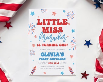 Little Miss Firecracker 1. Geburtstagseinladung, 4. Juli Geburtstag einladen, 4. Juli 1. Geburtstagseinladung, Mädchen-Geburtstagseinladung