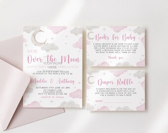 May include: A pink and gray baby shower invitation with a moon and clouds design. The invitation says "We're Over the Moon" and includes the names Maddie & Anthony. The invitation also includes the date and time of the shower, the address, and RSVP information.