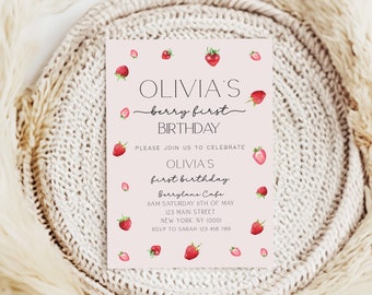 Faire-part premier anniversaire baies, 1er anniversaire d'invitation fraise, invitation d'anniversaire d'été, invitation d'anniversaire de baies, modèle modifiable de printemps