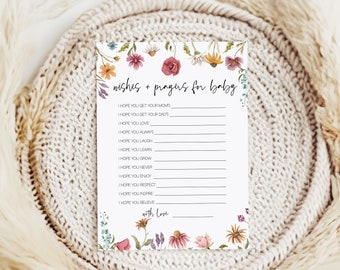 Tarjeta de deseos para un bebé, juego de baby shower con flores silvestres, plantilla editable