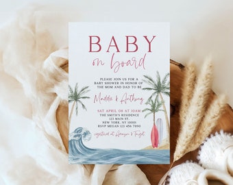 Pink Baby on Board Baby Shower Invitation, Summer Baby Shower Invite, Surf Baby Shower Invitation Girl, Beach Baby Shower, Editable Template