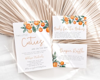 Invito per baby shower "Two Little Cutie", tema arancione, invito per baby shower "Two Twins Cutie", invito per baby shower "Little Cuties", modello modificabile
