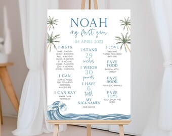 May include: A blue and white illustrated poster with a tropical theme. The poster is titled "Noah my first year" and includes details about the child's first year, such as milestones, favorite foods, and toys. The poster is on a wooden easel.