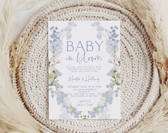 Blue Baby in Bloom Baby Shower Invitation, Boy Baby in Bloom Baby Shower Invitation, Wildflower Flower Baby Shower, Spring, Template
