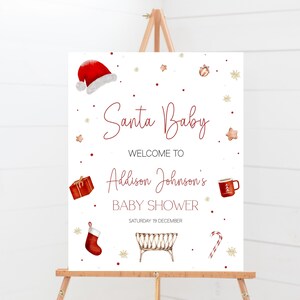 Santa Baby Shower Welcome Sign, Christmas Baby Shower Decorations, Winter Baby Shower Decor, Santa Baby Welcome Sign, Editable Template image 1