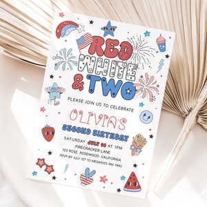 Red White and Two Birthday Invitation, 4th of July Invite 2nd Birthday, 4th of July Birthday Invitation, Patriotic Birthday Invitation