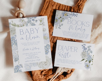 Blue Baby in Bloom Baby Shower Invitation Set, Boy Baby in Bloom Baby Shower Invitation, Wildflower Flower Baby Shower, Boy, Template