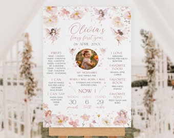 May include: A pink and white floral printable poster with a photo of a baby girl. The poster lists milestones for the baby's first year, including firsts, I can, I say, and favorite things. The poster also includes the baby's weight, number of teeth, and height. The text on the poster reads "Olivia's fairy first year 08 April 20XX".