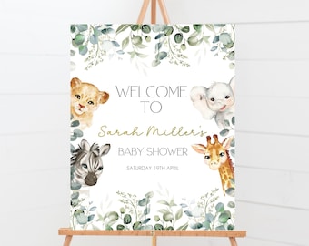 Puede incluir: Bienvenido a la fiesta de bienvenida al bebé de Sarah Miller con un borde de hojas verdes y ilustraciones de un león, una cebra, un elefante y una jirafa. El cartel dice "Bienvenido a la fiesta de bienvenida al bebé de Sarah Miller, sábado 19 de abril."