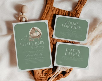 Boho Baby Shower Invitation Green, Boy Boho Baby Shower Invite, Baby Shower Invitation Boy, Modern Boho Baby Shower, Editable Template